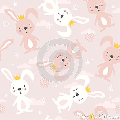 Colorful seamless pattern, bunnies with crowns. Decorative cute background with animals. Happy rabbits Vector Illustration