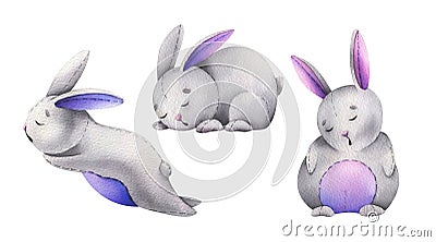 Bunnies sewn from fabric in gray, pink and purple with stitches of thread sits sleeping. Hand drawn watercolor Cartoon Illustration