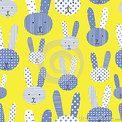 Cute bunnies blue white lime seamless pattern Stock Photo