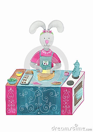 Bunny-baker cooking biscuits in shape of heart Cartoon Illustration