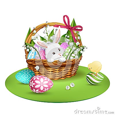 Adorable bunny in wicker basket with colorful eggs. Vector Vector Illustration