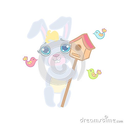 Bunny With The Bird House Vector Illustration