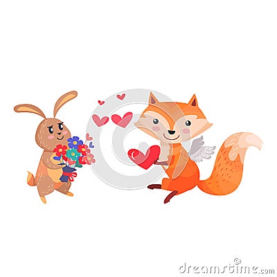 Bunny with Bouquet of Flowers and Fox with Wings Vector Illustration