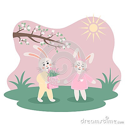 Bunny boy gives a bouquet of tulips in a packet to a bunny girl. Vector Illustration