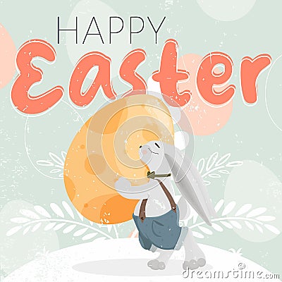 Bunny carries an easter egg Congratulation card Vector Illustration