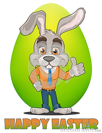 Bunny cartoon character. Happy Easter greeting card. Cute rabbit showing thumb up, green egg on background. Vector Illustration