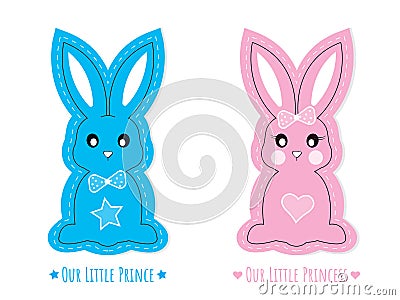 Blue and Pink Cute Bunny Character, vector isolated on white background, rabbit characters boy and girl Stock Photo
