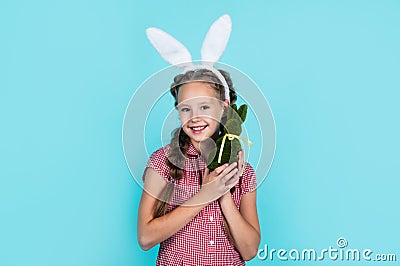 bunny child hold easter rabbit toy ready for egg hunt, easter bunny Stock Photo
