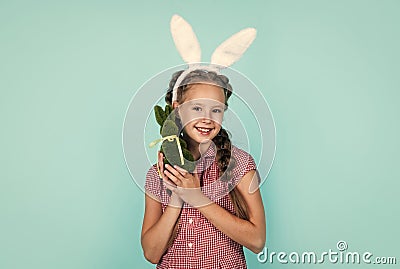 bunny child hold easter rabbit toy ready for egg hunt, easter bunny Stock Photo