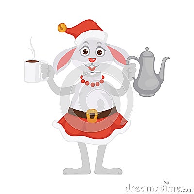 Bunny in Christmas hat and skirt with tea Vector Illustration