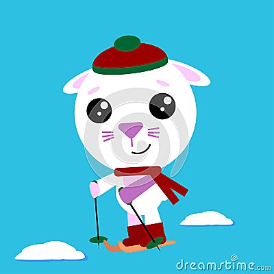 Bunny in cozzy hat and scarf skiing. Winter activities sport. Christmas rabbit, cartoon vector illustration Cartoon Illustration