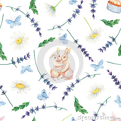 Bunny daisy seamless pattern. Stock Photo