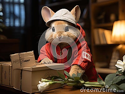 Bunny delivers package in uniform Stock Photo