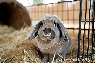 bunny with droopy ears sitting quietly in a strawfilled cage Stock Photo