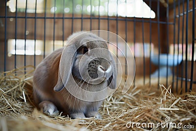 bunny with droopy ears sitting quietly in a strawfilled cage Stock Photo