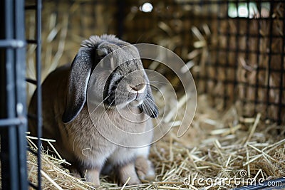 bunny with droopy ears sitting quietly in a strawfilled cage Stock Photo