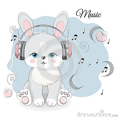 Bunny in earphones and note Vector Illustration