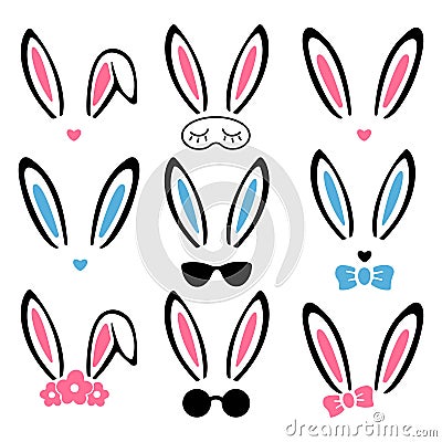 Bunny Ears color collection isolated on white background. Bunny ears icons. Vector flat illustration. Vector Illustration