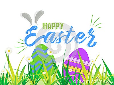 Bunny ears illustration with colorful easter eggs hidden in grass on white background for Happy Easter. Cartoon Illustration