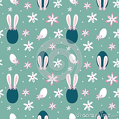 Bunny, egs and daisy vector seamless pattern. Easter pastel blue background. Hand drawn illustration Vector Illustration