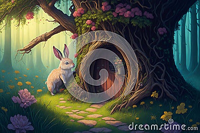 Cute rabbit at the door of the tree-house. A bunny in a fairy forest Stock Photo