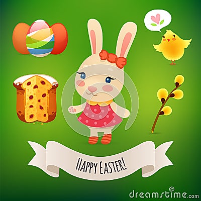 Bunny Girl and Easter Symbols Vector Illustration