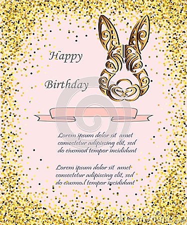 Bunny Head isolated on background with golden confetti. Stock Photo