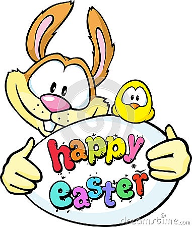 Bunny hold egg and chicken - happy easter Vector Illustration