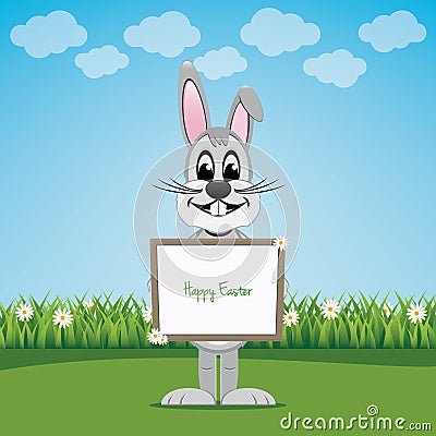 Bunny hold sign on spring lawn happy easter Vector Illustration