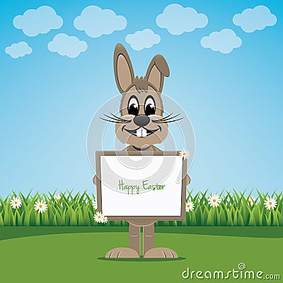 Bunny hold sign on spring lawn happy easter Vector Illustration