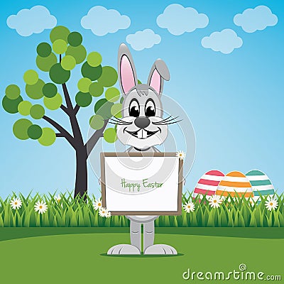 Bunny hold sign on spring lawn happy easter Vector Illustration