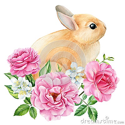 Bunny on isolated white background, bunny and Jasmin, rose flowers, leaves. Easter rabbit. Watercolor Cute animal Cartoon Illustration