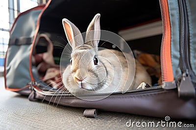 a bunny in its portable cage near a bag Stock Photo