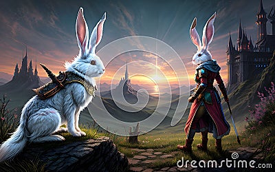 Bunny knight fantasy by magical stunning wonderland background Stock Photo