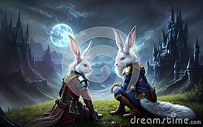 Bunny knight fantasy by magical stunning wonderland background Stock Photo