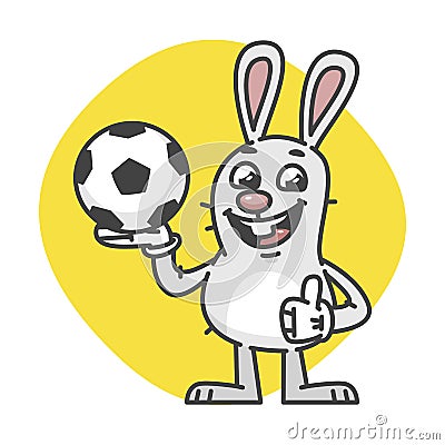 Bunny Laughs Showing Thumbs Up and Holds Soccer Ball Vector Illustration