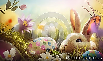 a bunny is laying in the grass with eggs and flowers around it, with a butterfly on its ear and a flower in the foreground Stock Photo