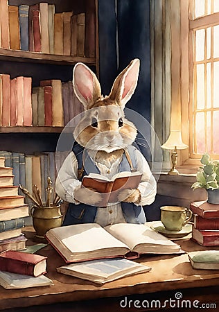 Bunny in the library Cartoon Illustration