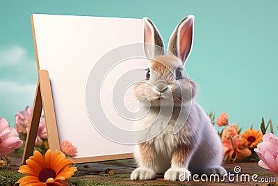 Bunny magic Easter themed with a rabbit and a blank whiteboard Stock Photo