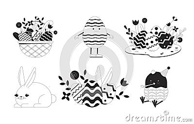 Bunny paschal eggs black and white cartoon flat illustrations set Vector Illustration