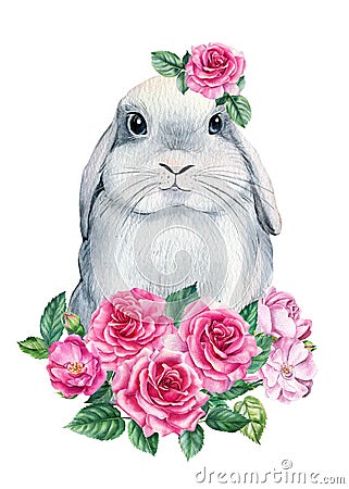 Bunny with pink flowers on white isolated background, watercolor illustration Cartoon Illustration