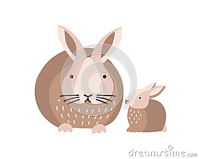 Bunny or rabbit with baby isolated on white background. Lovely family of cute funny wild forest animals or pets. Parent Vector Illustration