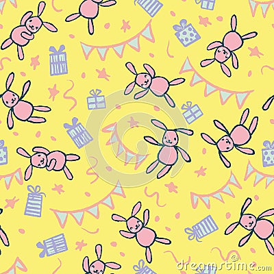 Bunny Rabbit Gift Star Ribbon Streamer Dots Stripes Seamless Pattern Vector Illustration