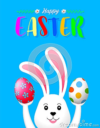 Bunny rabbit holding Easter eggs. Vector Illustration