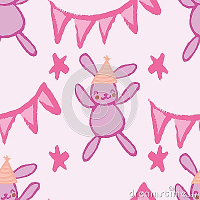 Bunny Rabbit Star Party Hat Streamer Seamless Pattern Vector Illustration