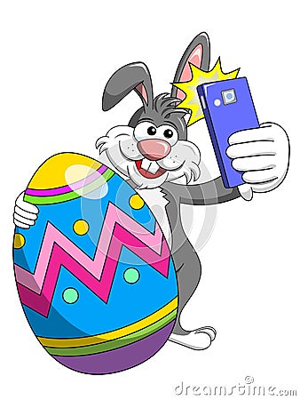 Bunny or rabbit taking selfie photo smartphone with decorated egg easter isolated Vector Illustration