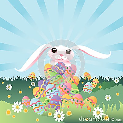 Bunny's Pile of Eggs Vector Illustration