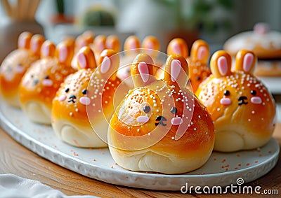 Bunny-Shaped Easter Buns on Plate. Easter baking Stock Photo