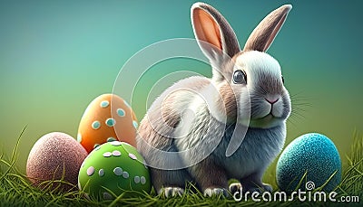Bunny sitting with colourful easter eggs. Generative AI Cartoon Illustration