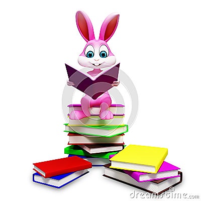 Bunny is sitting on the pile of books Cartoon Illustration